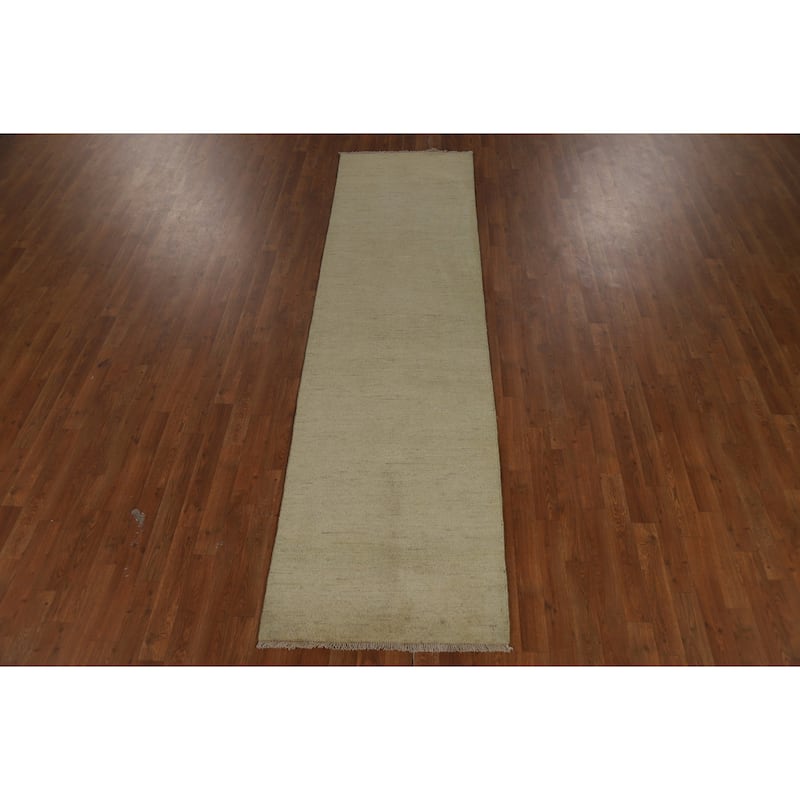 Muted Green & Gold Modern Gabbeh Runner Rug Handmade Wool Carpet - 2'7" x 9'6"