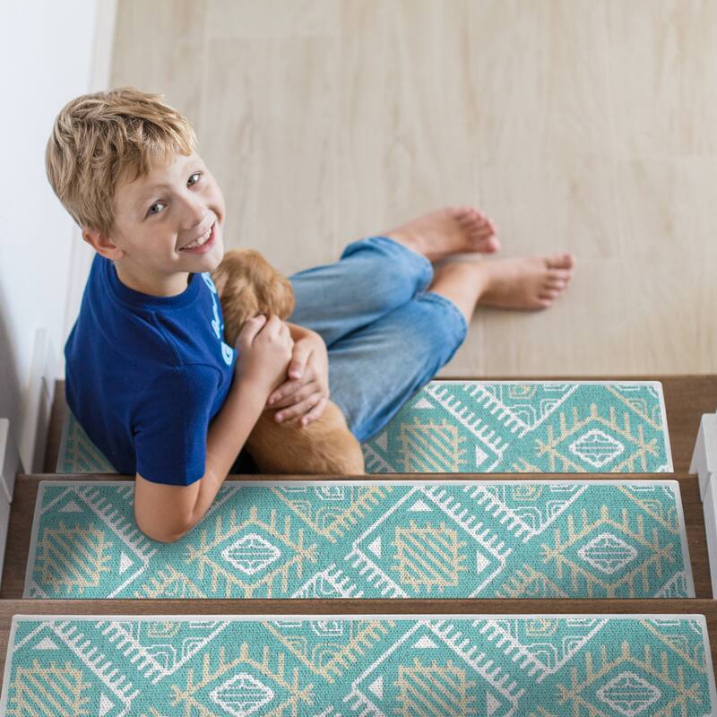 SussexHome Monument Design 9" X 28" Stair Treads - 70% Cotton Anti-Slip Carpet Strips for Stairs-with Double Adhesive Tape - 4 PACK - Light Teal