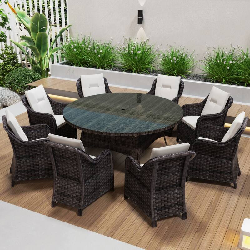 Modern 9-piece Outdoor Dining Table Set with Umbrella Hole & 8 Chairs