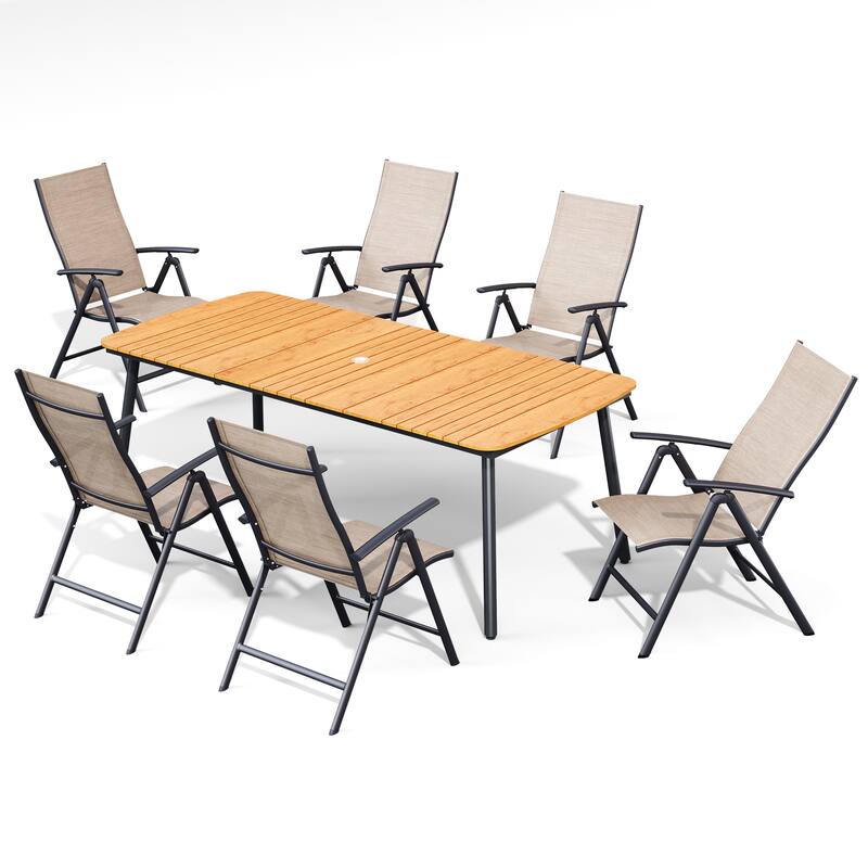 Outdoor Patio Dining Table Rectangular Aluminum with Durable Adjustable Reclining Folding Chair - 81.5in-Brown-Table&Espresso-Chair