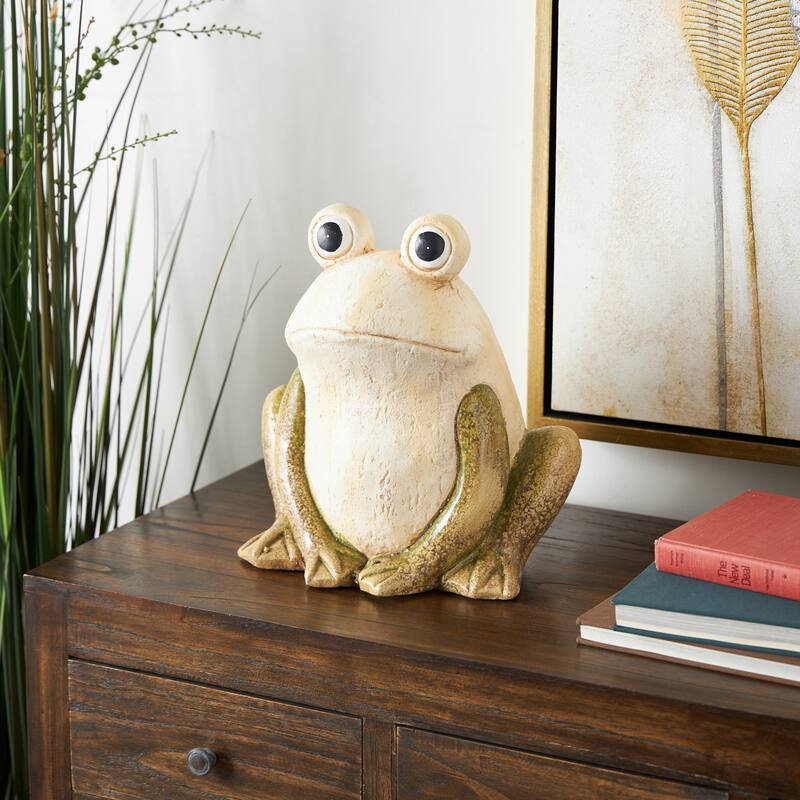 Magnesium Oxide Frog Garden Sculpture with Brown and Green Accents - Cream - Roche River Decor