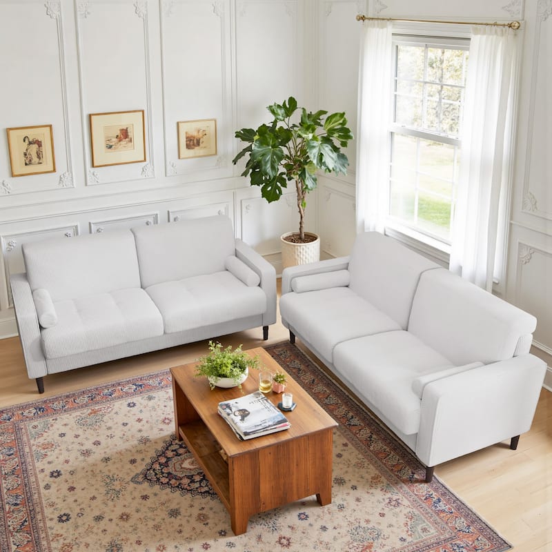 Modern Corduroy Upholstered Loveseat with Bolster Pillows and Wood Legs