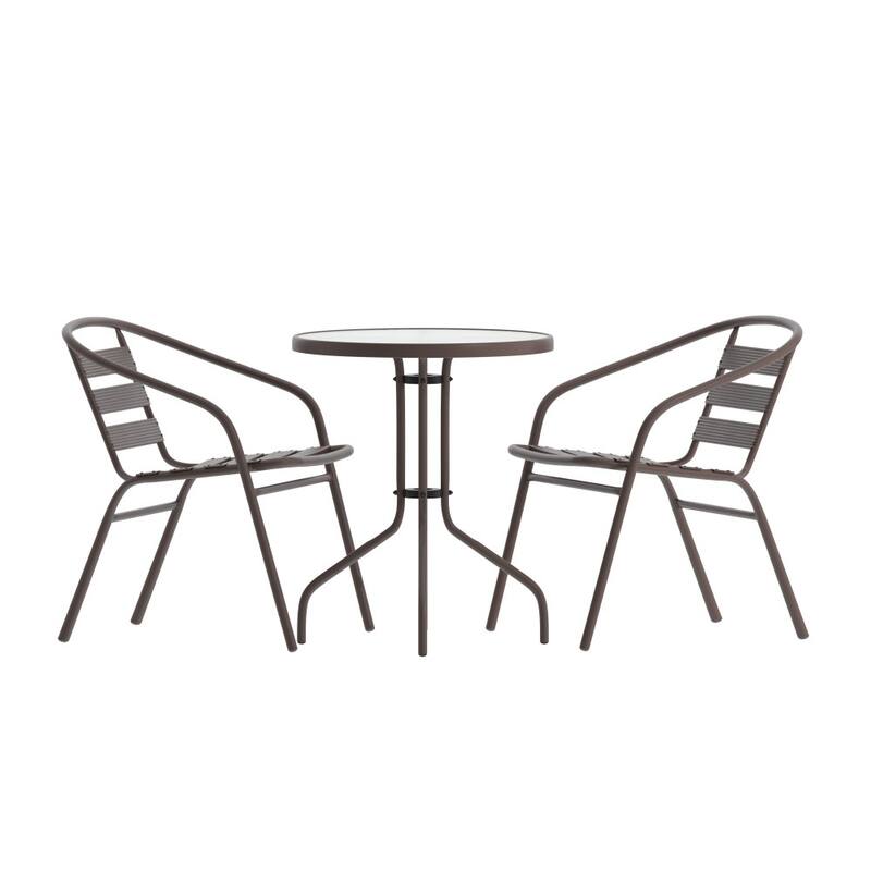 23.75" Round Glass Metal Table with 2 Metal Aluminum Slat Stack Chairs