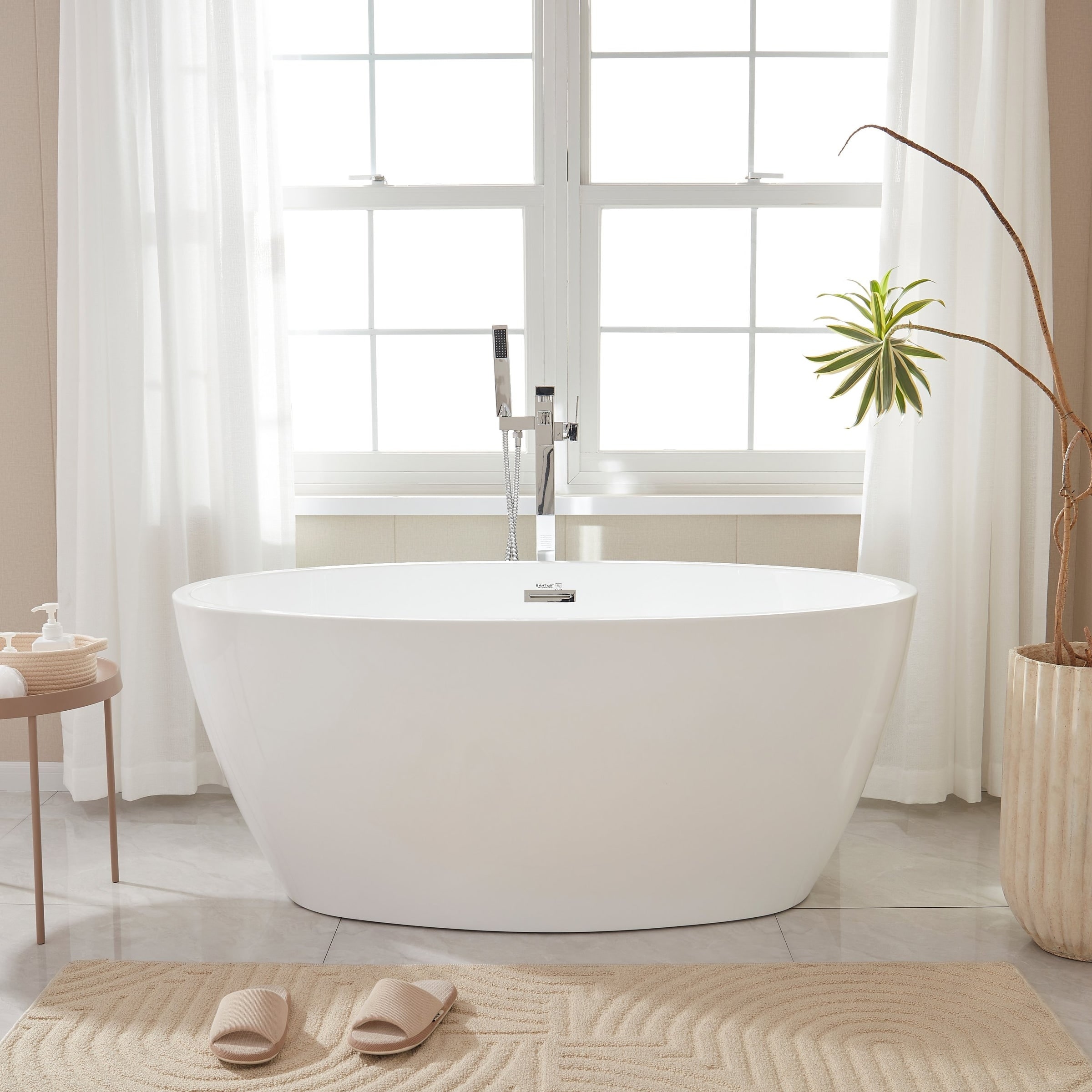 Vanity Art 55" Freestanding Acrylic Soaking Bathtub with Slotted Overflow & Pop-up Drain