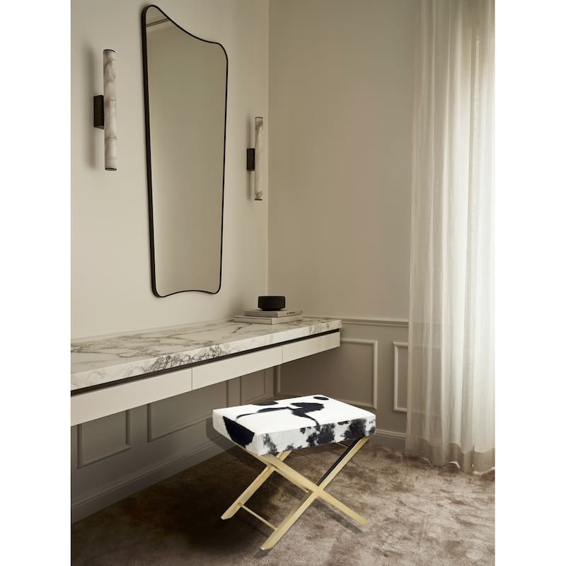 Gold Stainless Steel Ottoman Chair with Black and White Hairline Leather
