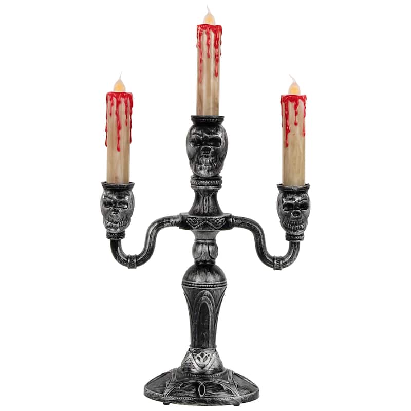13.75" Antique Silver Skull Trio Halloween Candelabra