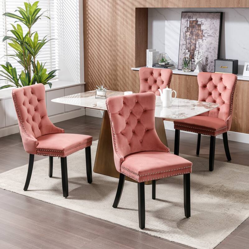 Velvet Dining Chairs Set of 2, Upholstered Dining Chairs with Button Tufted Back, Nailhead Trim & Ring Pull Wingback