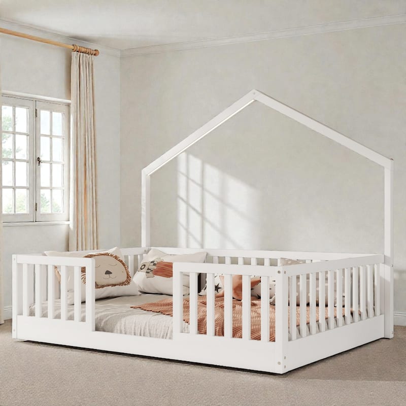 Wood Floor Bed with High Guardrails and LED Light, Montessori Style Low Profile Bed for Kids