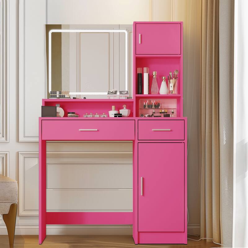 Modern Vanity Desk Dressing Table with LED Light Makeup Mirror for Bedroom - Rose Pink