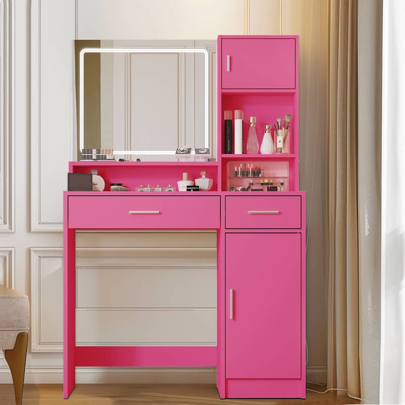 Vanity Desk with Mirror and LED Light Strip, Makeup Desk with Drawer, Dressing Table with Three Level Storage Dresser