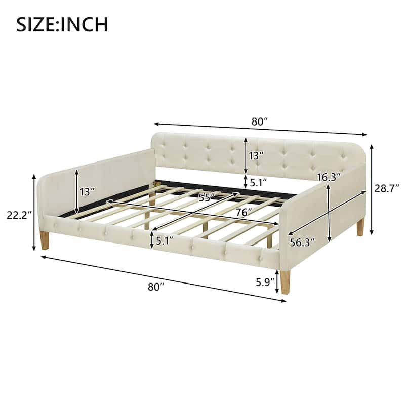 Full Size Velvet Upholstered Daybed Frame with Tufted Backrest & 4 Legs