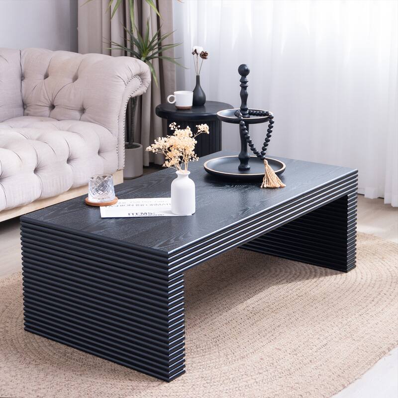 47.6" Modern Black Ribbed Coffee Table - Rectangular Low Profile Center Table for Living Room - Black