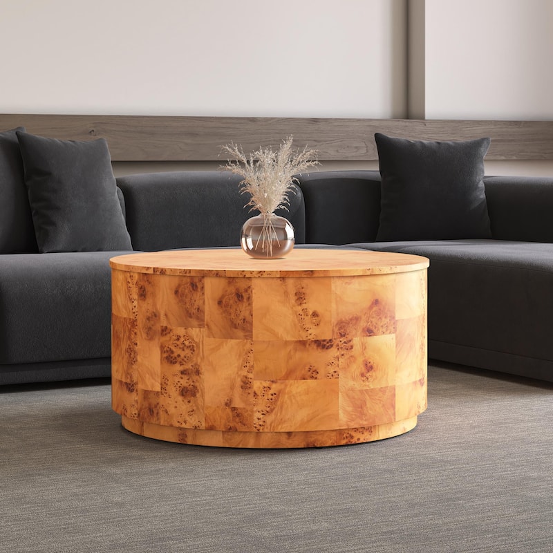 NPD Furniture Arsenio Burl Wood Round Coffee Table or Side/End Table - Coffee Table - Golden Brown Burl