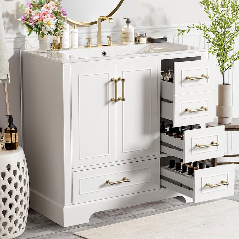 36" Traditional Bathroom Vanity with Ceramics Sink and 4 Drawers