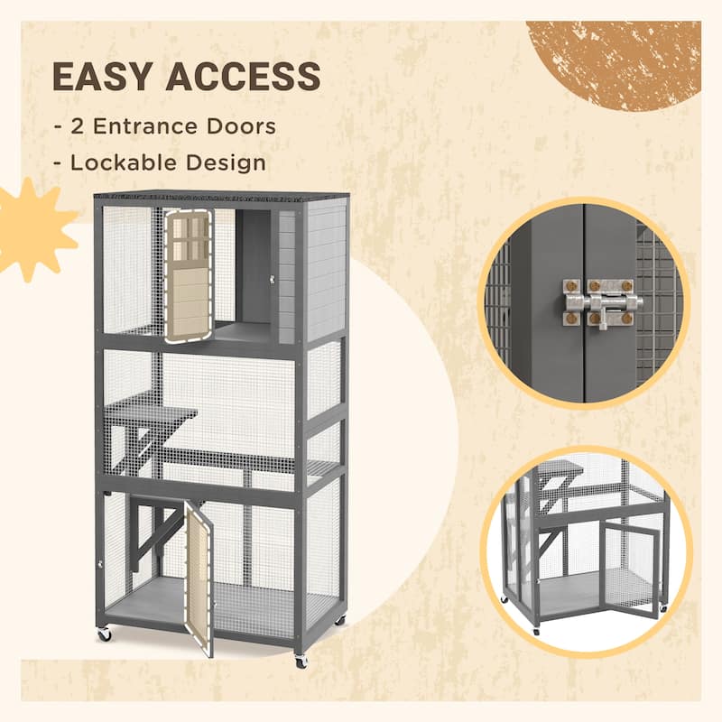 PawHut 74" Wooden Outdoor Cat House Catio Outdoor Cat Enclosure, Light Gray