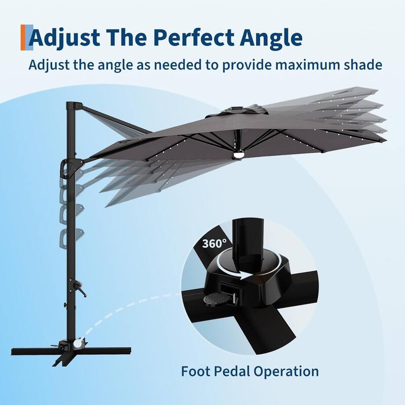 10FT Cantilever Patio Umbrella with Solar Lights, 360° Rotation Offset Umbrella