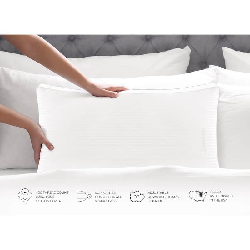 Thomasville 100% Cotton Dobby Stripe Hotel Style Bed Pillow with Supportive Gusset for Side, Back and Stomach Sleepers, Set of 2