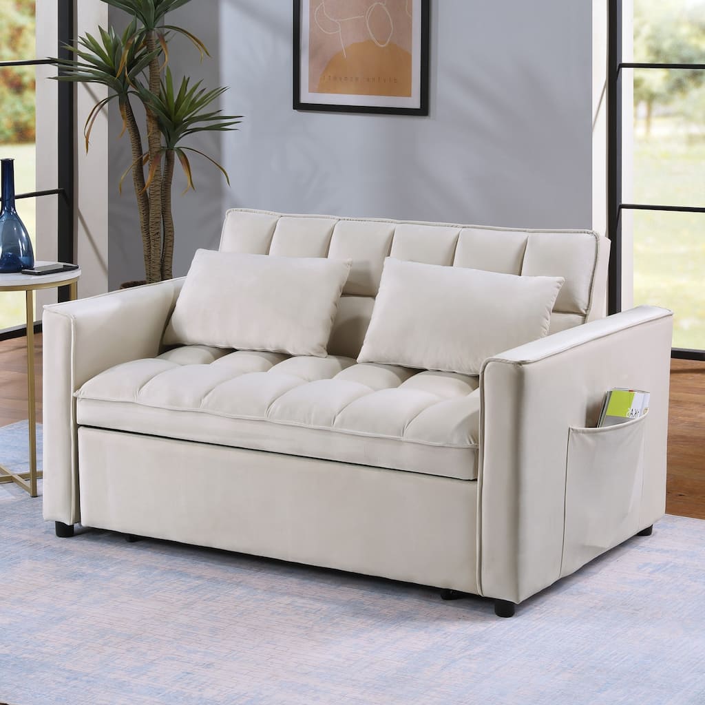 Modern 68" L 3-in-1 Multi-Functional Beige Sleeper Sofa with Iron Frame Pull-Out Loveseat
