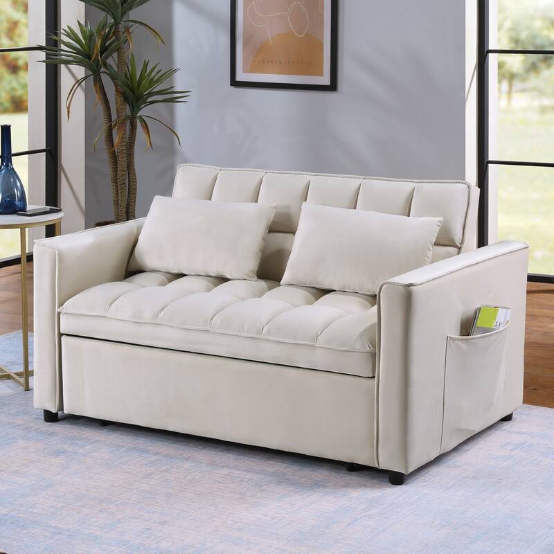 Modern 68" L 3-in-1 Multi-Functional Beige Sleeper Sofa with Iron Frame Pull-Out Loveseat - Beige