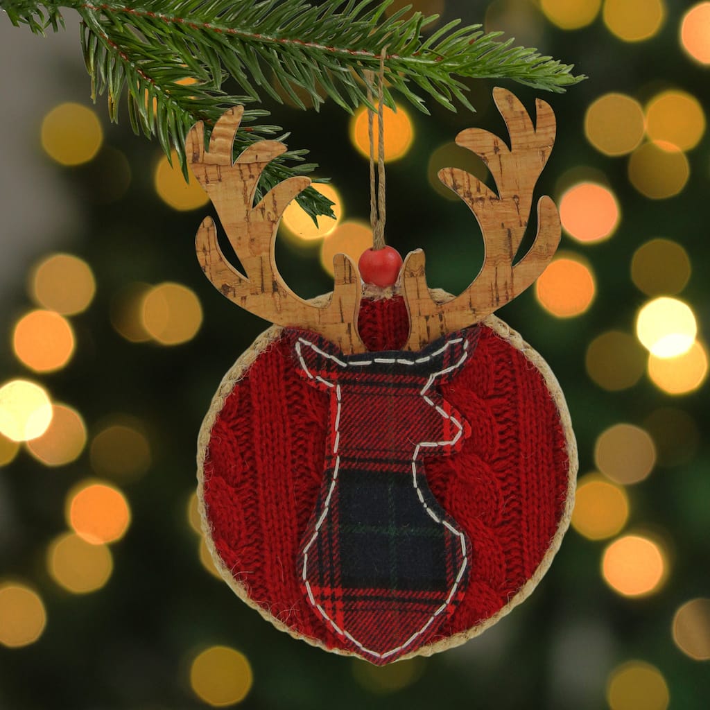 Cable Knit Plaid Reindeer Christmas Ornament - 6" - Red