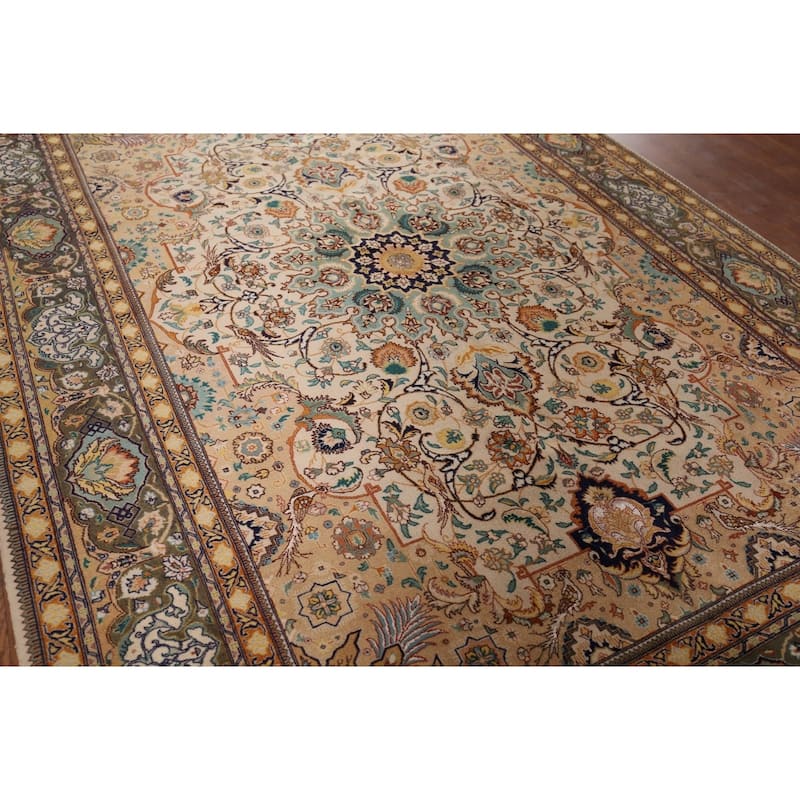 Hand Knotted Oriental 100% Wool Carpet Traditional Floral Beige & Ivories Tabriz Area Rug - 9' 2'' X 6' 3''