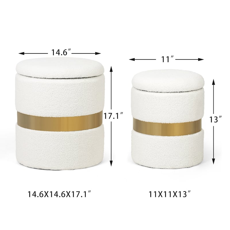 Adeco Set of 2 Velvet Storage Ottoman Round Foot Stool Metal Band