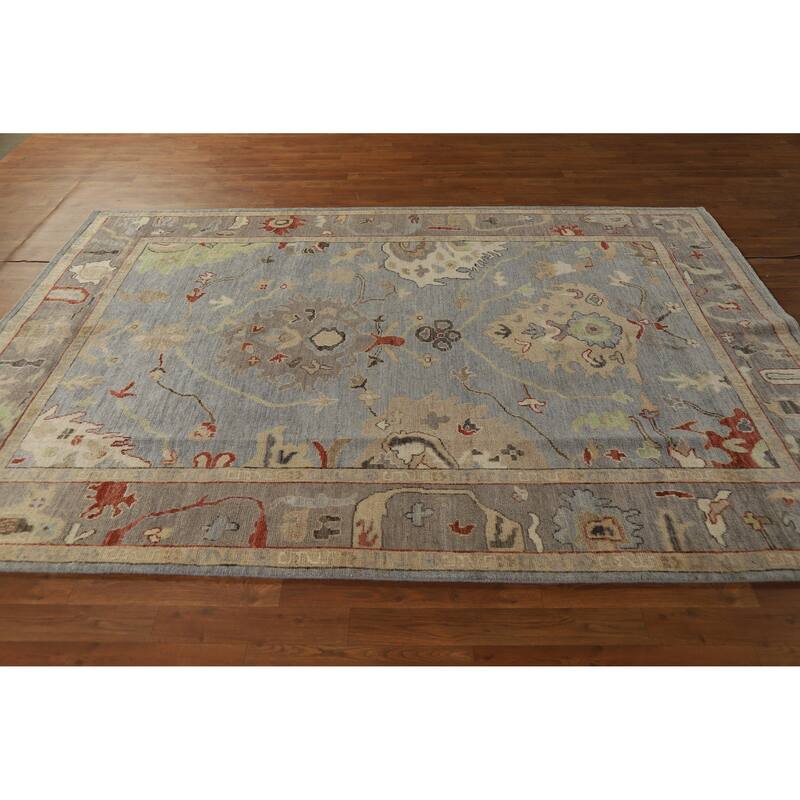 Hand Knotted Oriental 100% Wool Carpet Transitional Floral Navy Blue & Blues Oushak Area Rug - 8' 6'' X 6' 0''
