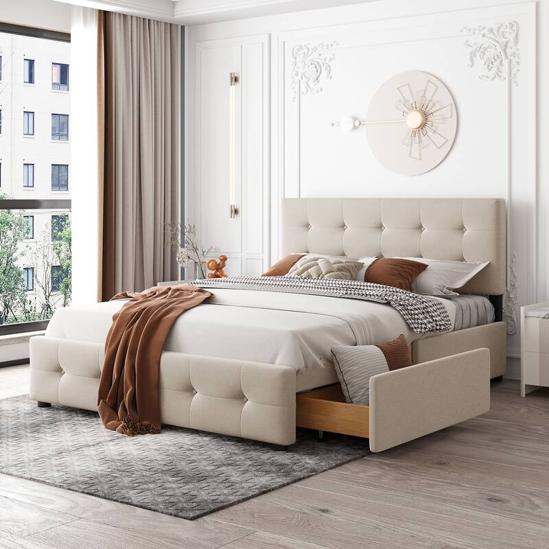 Upholstered Platform Bed with Classic Headboard and 4 Drawers, No Box Spring Needed, Linen Fabric, Queen Size