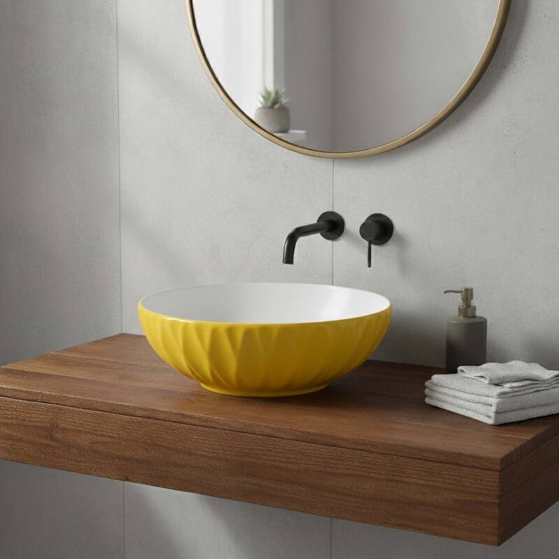 16 inch Round Ceramic Vessel Bathroom Sink - Modern Textured Bowl Design - 16" Round - Yellow