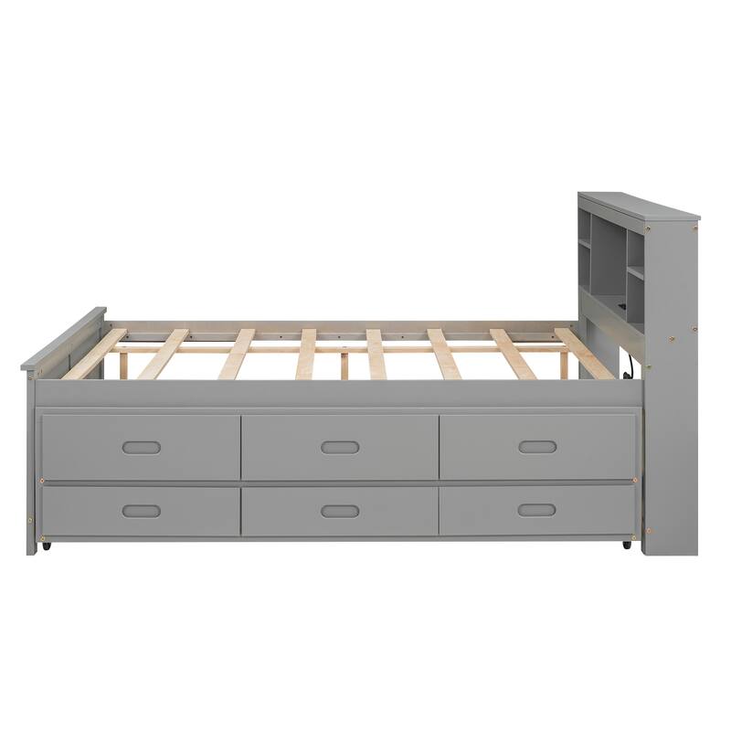 Full Platform Bed with Storage Headboard, USB Charging Port, Twin Trundle, and 3 Drawers - Space-Saving Design