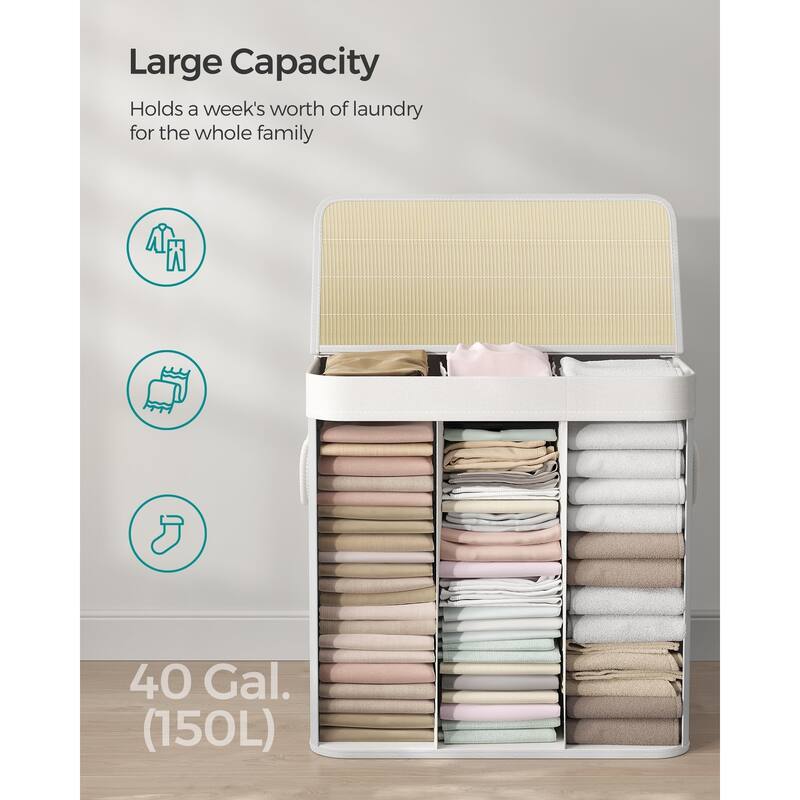 Laundry Hamper, 39.6 Gallons (150L),3-Section Laundry Basket, Laundry Hamper with Lid, Bamboo,Removable & Machine Washable Liner