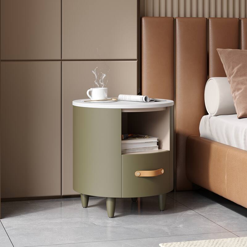Contemporary Round Nightstand - Storage Drawer + Open Shelf, Curved Design Bedside/End Table (Easy Assembly, Green)