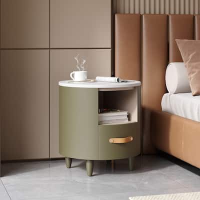 Modern Round Nightstand with Storage Drawer, Sofa End Table with Open Storage Shelf, Bedside Table with Curved Design