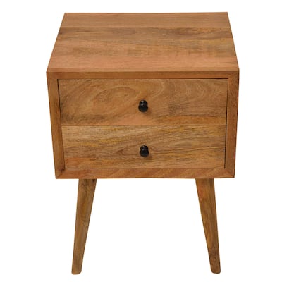 Wooden Bedside Table with 2 Drawers and Angled Legs, Oak Brown