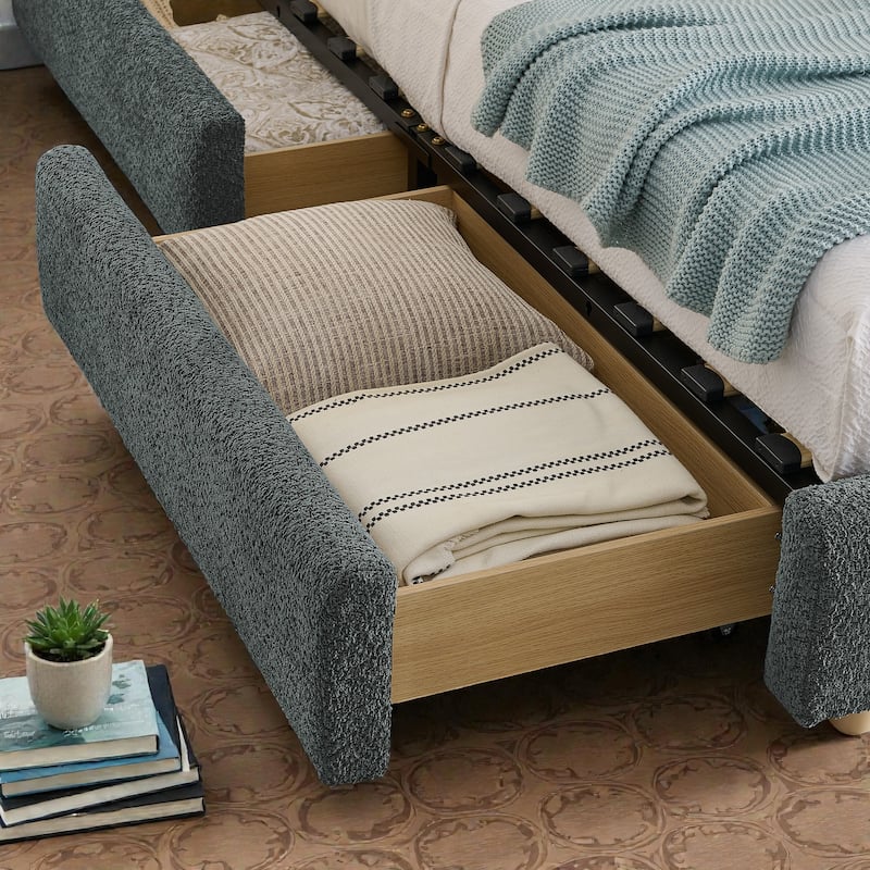 Upholstered Bed Frame with Tall Curved Headboard and Storage Drawers, Modern Minimalist Platform Bed No Box Spring