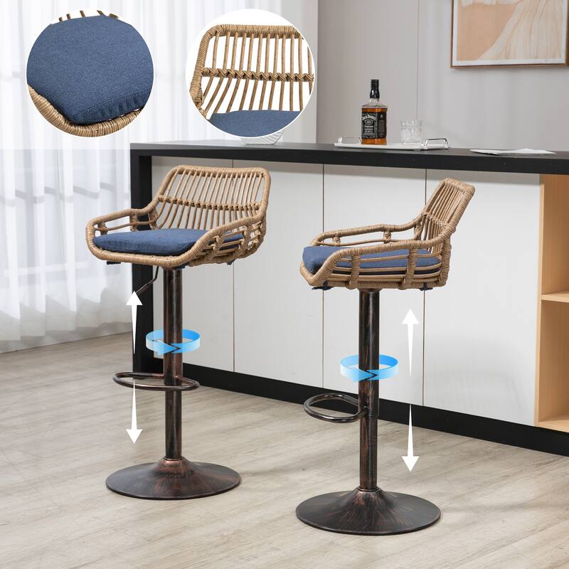 Set of 2 Modern Swivel Bar Stools, Adjustable Counter Height with Footrest for Kitchen & Dining Room - Blue