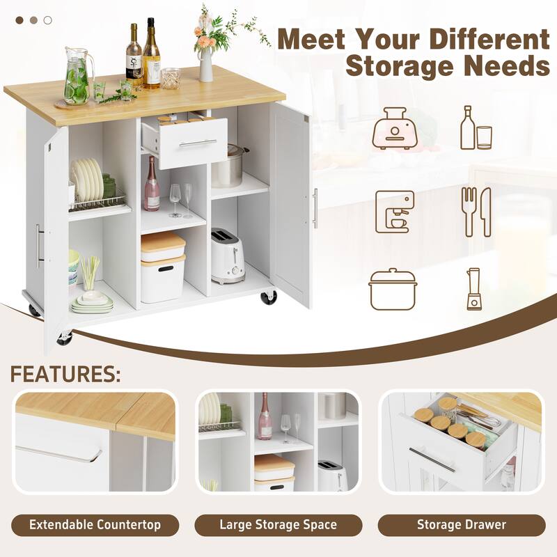 Rolling Kitchen Island Cart with Open Shelf & Drop Countertop - N/A
