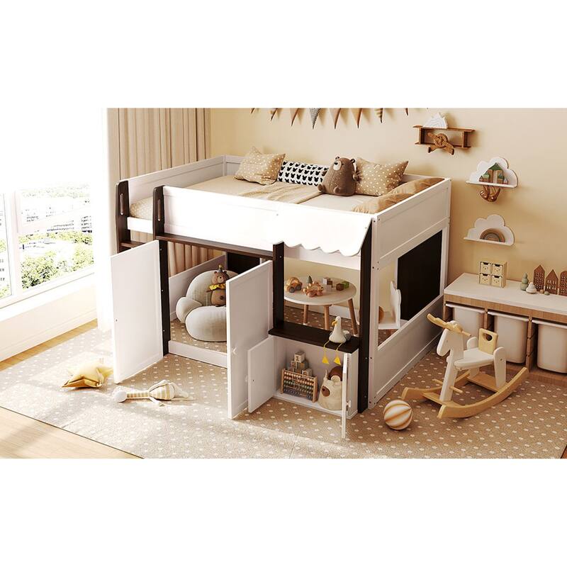 Roomfitters Full Loft House Bed with Playhouse and Storage Cabinets, Modern Wood Cabin Sleeper