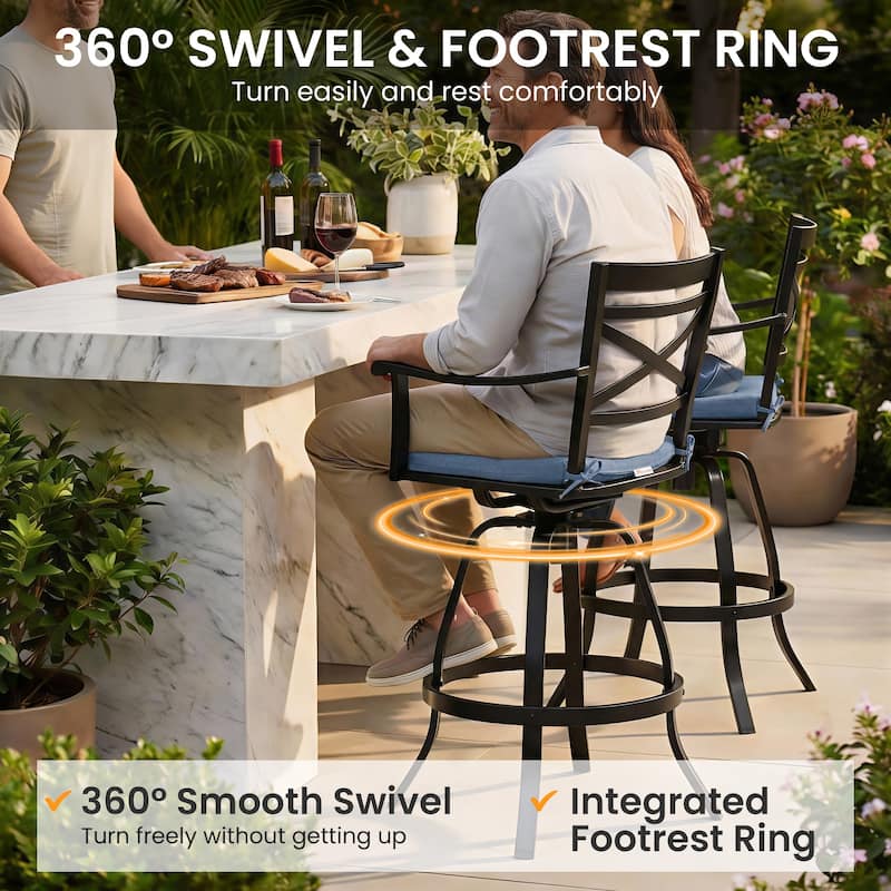 Outdoor Bar Stools Patio Cast Aluminum Swivel Barstools with Sunbrella Cushion