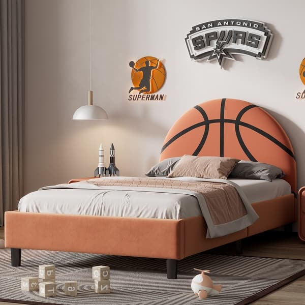 slide 2 of 8, Basketball Design Upholstered Twin Platform Bed for Girls Boys Bedroom, Sport Style Metal Bed Frame with Solid Slats Support Orange - Twin