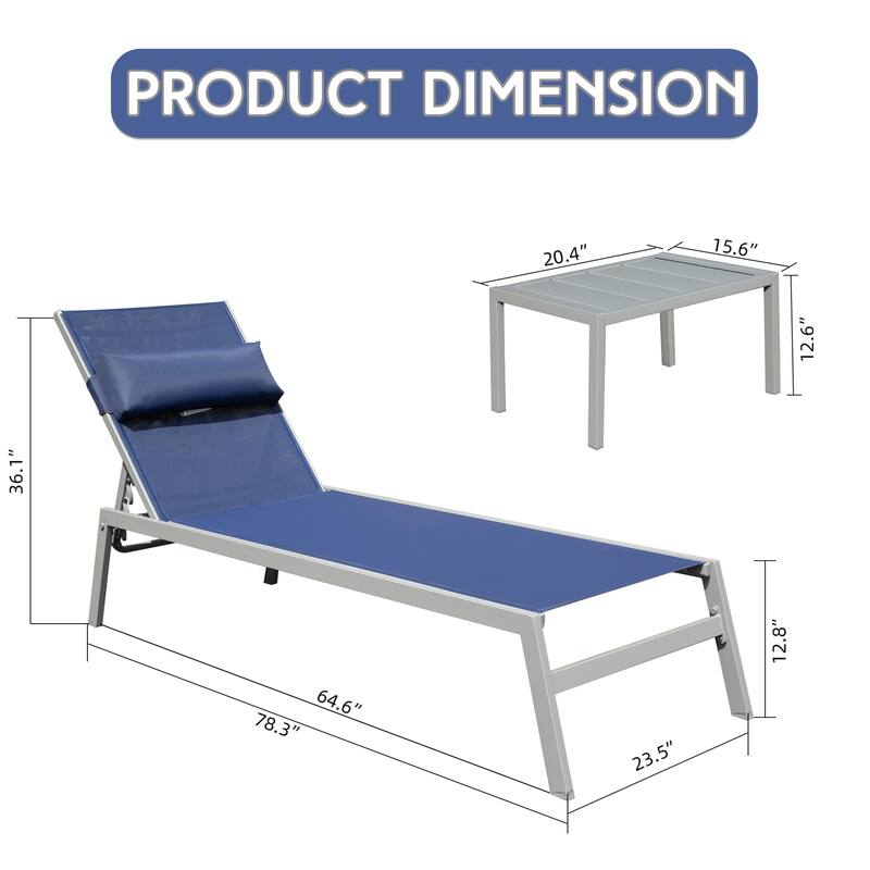 Patio Chaise Lounge Set of 3,Aluminum Pool Lounge Chairs with Side Table,Outdoor Adjustable Recliner All Weather for Poolside