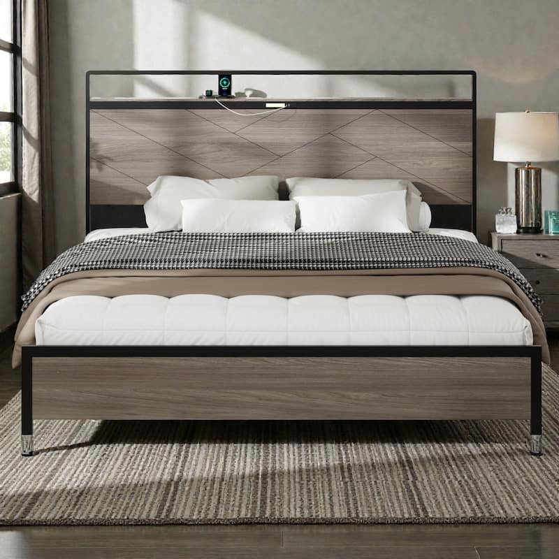 Modern Metal Platform Bed Frame with Wood Headboard LED Lights, USB & Type-C Charging Station, Large Underbed Storage