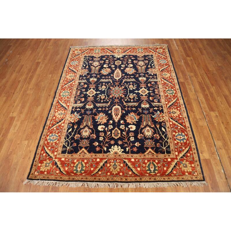 Vegetable Dye & Navy Blue Tabriz Persian Rug Hand-Knotted Wool Carpet - 5'0"x 6'7"
