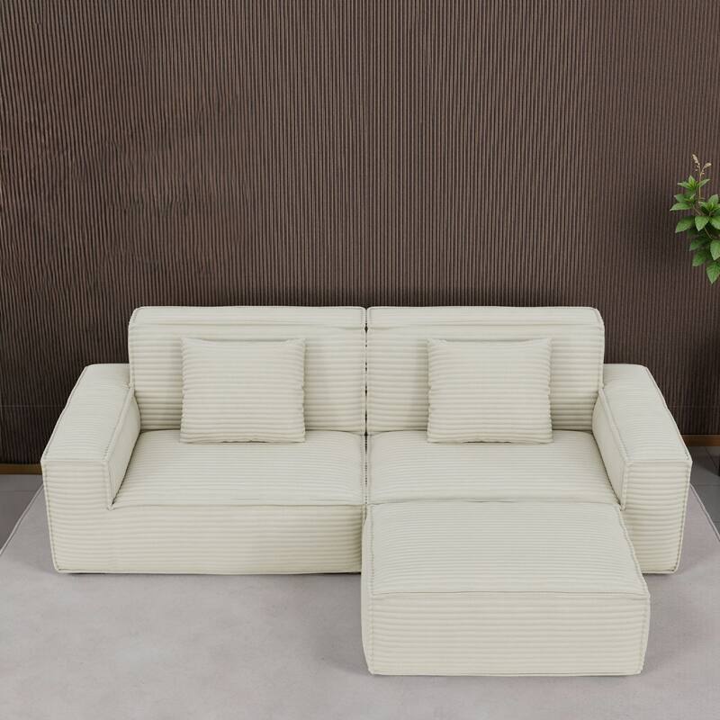 Anmytek Modern Large Striped Vacuum Compressed Full Sponge High Rebound Straight Sofa with Footstool Beige
