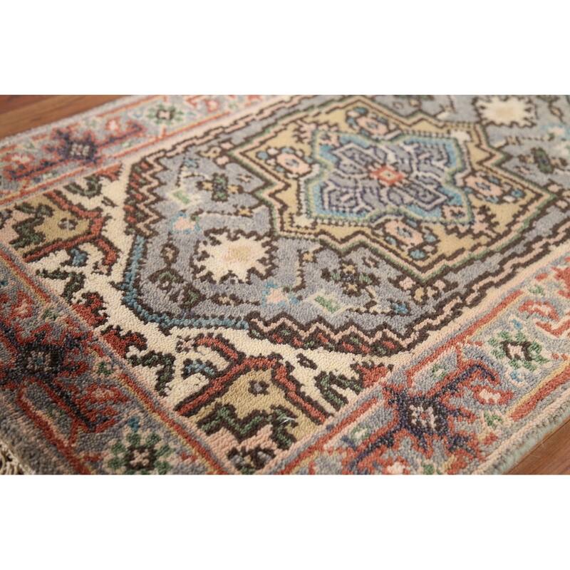 Geometric Heriz Serapi Indian Accent Rug Handmade Gray Wool Carpet - 2'0"x 3'0"