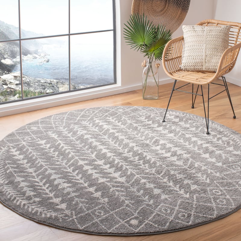 SAFAVIEH Tulum Adda Moroccan Boho Rug - 6'7" Round - Dark Grey/Ivory