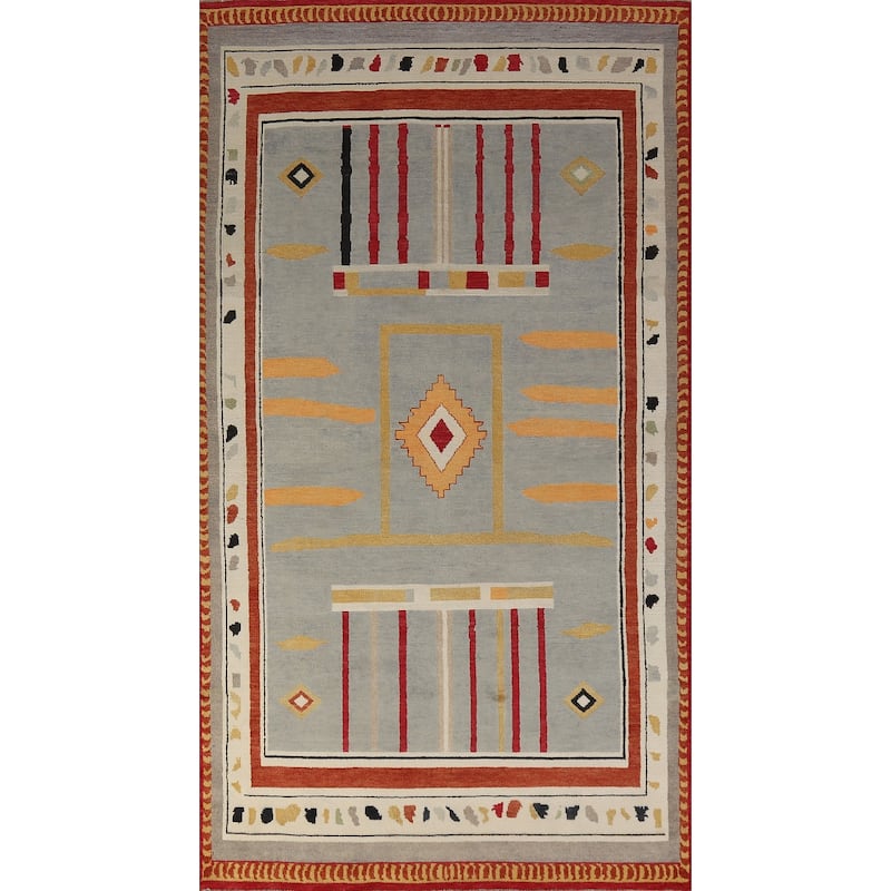 Hand Knotted Oriental 100% Wool Carpet Modern Geometric Greys & Charcoal Gabbeh Area Rug - 10' 0'' X 4' 11''