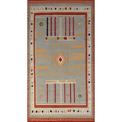 Hand Knotted Oriental 100% Wool Carpet Modern Geometric Greys & Charcoal Gabbeh Area Rug - 10' 0'' X 4' 11''
