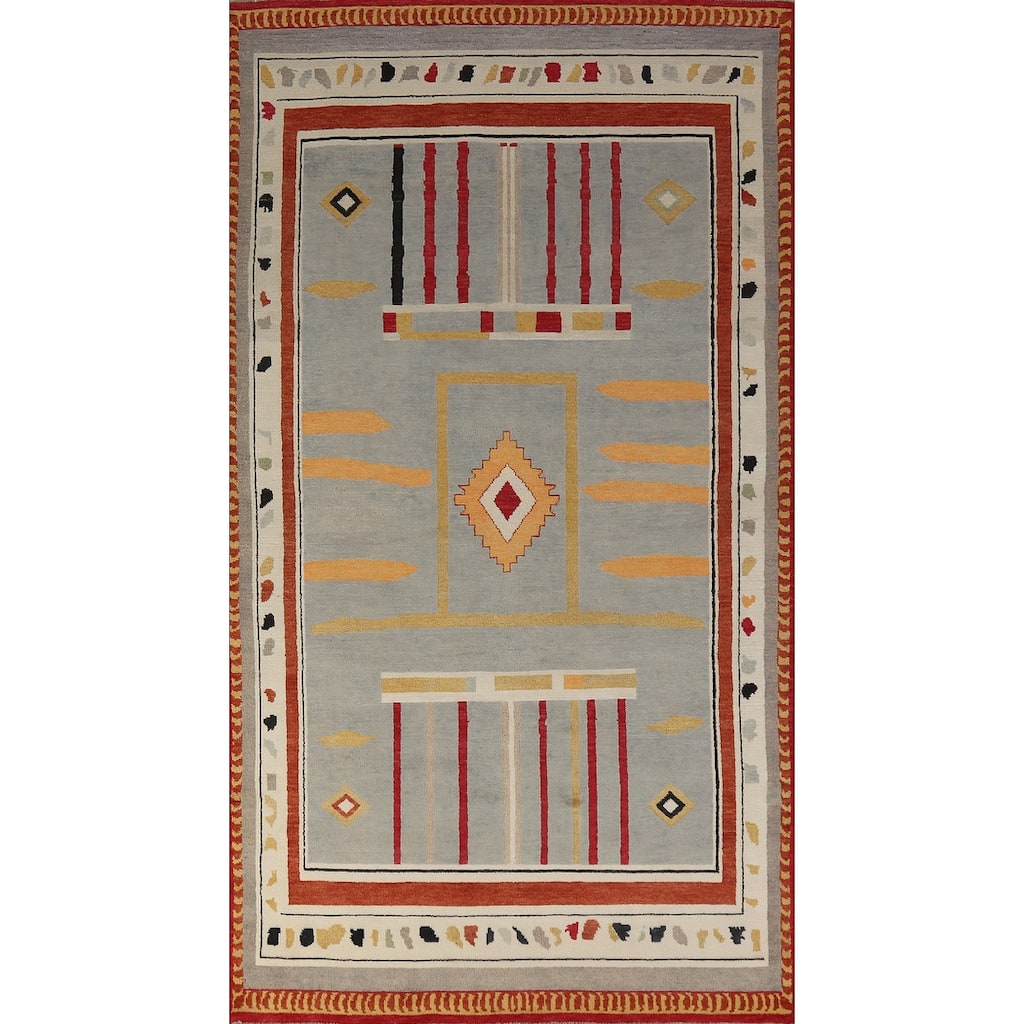 Hand Knotted Oriental 100% Wool Carpet Modern Geometric Greys & Charcoal Gabbeh Area Rug - 10' 0'' X 4' 11''