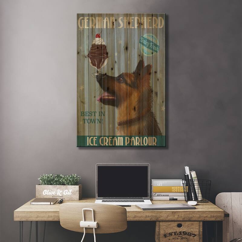 German Shepherd Ice Cream Print On Wood by Fab Funky - Multi-Color